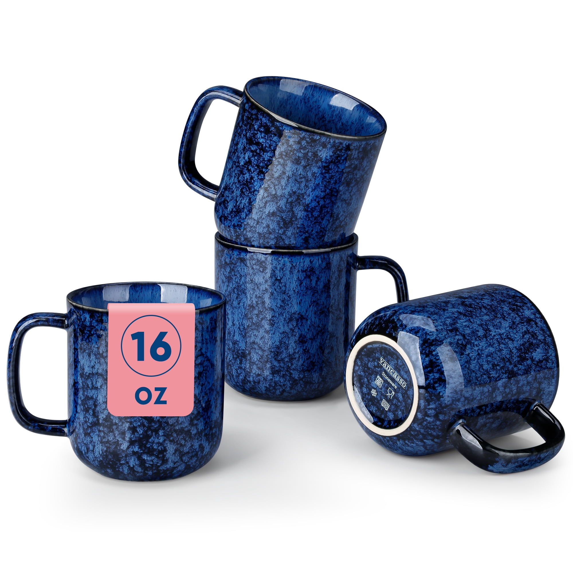 Malacasa Stoneware Coffee Mugs Set, 16 oz Coffee Cups Set of 4, Dishwasher & Microwave Safe, Blue