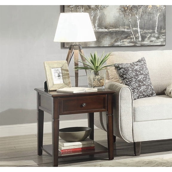 Malachi Walnut End Table with 11" L x 13" W x 3" H Internal Drawer and 16" L x 18" W x 14" H Bottom Shelf