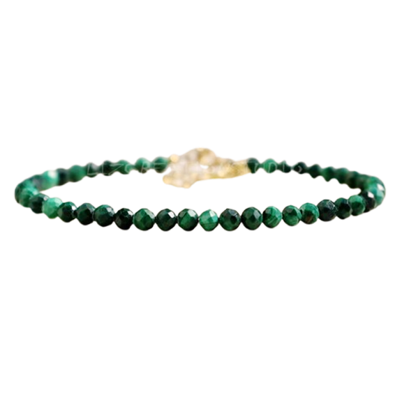 Malachite 3mm Round Shape Faceted Cut Beads 7 inch Adjustable Gold Plated Clasp Bracelet for men, women, unisex. Link Chain Stacking Bracelet.|LINK_04570