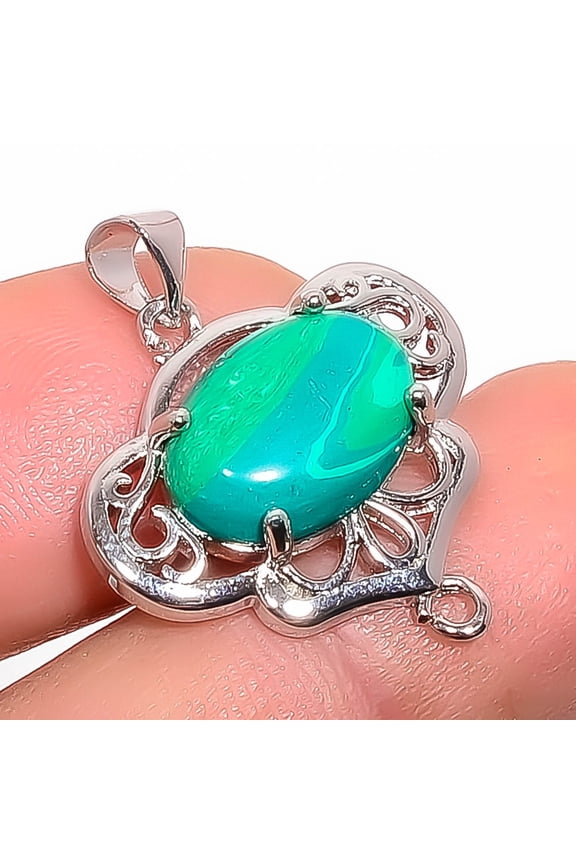 Malachite 925 Silver White Rhodium Plated Pendant 1.09", Malachite Pendant, Gemstone Pendant