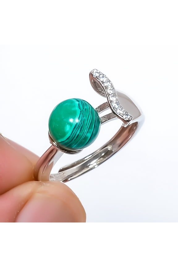 Malachite 925 Sterling Silver White Rhodium Plated Ring Adjustable (R132), Gemstone Jewelry, Birthday Gift, Christmas Gift
