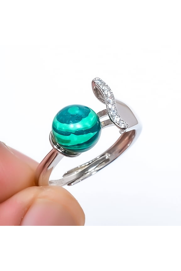 Malachite 925 Sterling Silver White Rhodium Plated Ring Adjustable (R154), Gemstone Jewelry, Birthday Gift, Christmas Gift