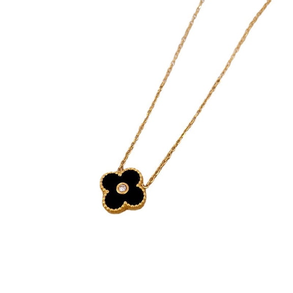 Malachite, Black Onyx or Mother of Pearl and Cubic Zirconia Flower Pendant Necklace for Women in 925 Sterling Silver with Gold Plating on 16 to 18 Inch Adjustable Chain Spring Ring