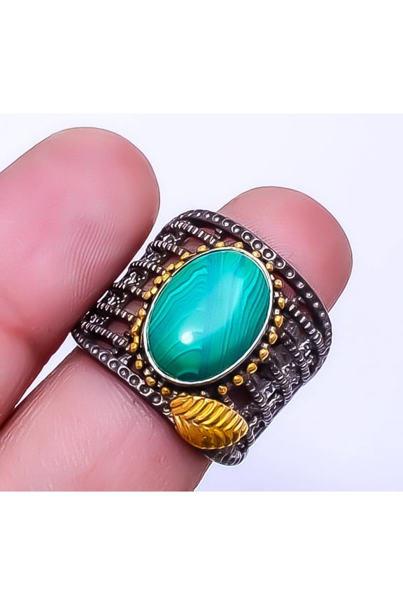 Malachite Black Rhodium Handmade 925 Sterling Silver Ring S.8 R_9244_75_45, Gemstone Jewelry, Birthday Gift, Christmas Gift