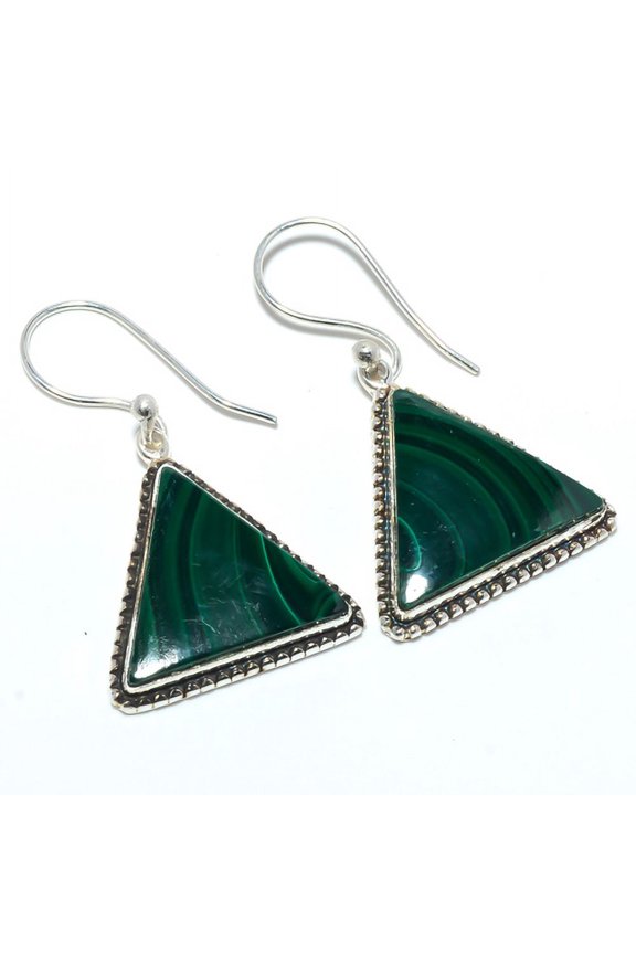 Malachite - Congo 925 Sterling Silver Bali Earring Jewelry 1.48" T12, Handmade Jewelry, Dangle Earring
