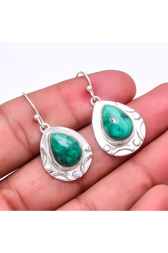Malachite - Congo 925 Sterling Silver Earring 1.56" E28019012, Christmas Gift, Handmade Jewelry, Dangle Earring