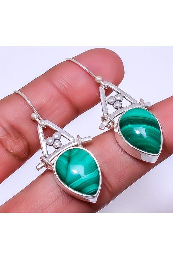 Malachite - Congo 925 Sterling Silver Earring 1.64" E2888629, Christmas Gift, Handmade Jewelry, Dangle Earring