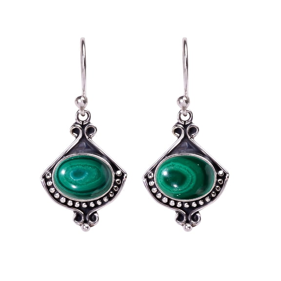 Malachite - Congo 925 Sterling Silver Earring V1133, Drop/Dangle Earring, Green Earring, Oval Earring, Gift For Her, Malachite Earring