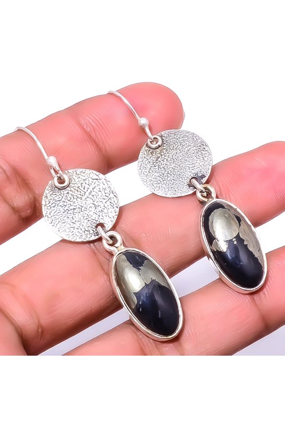 Malachite - Congo 925 Sterling Silver Textured Earring 2.34" E1863-37, Christmas Gift, Gemstone Silver Jewelry, Malachite Earring, New Year Sale