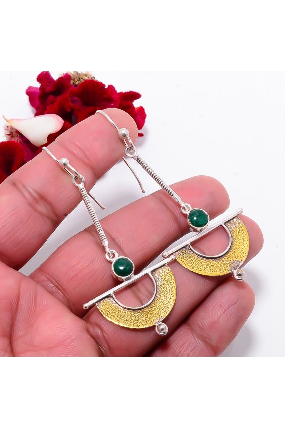Malachite - Congo 925 Sterling Silver Textured Two Tone Basket Earring 2.89" S27, Handmade Jewelry, Dangle Earring