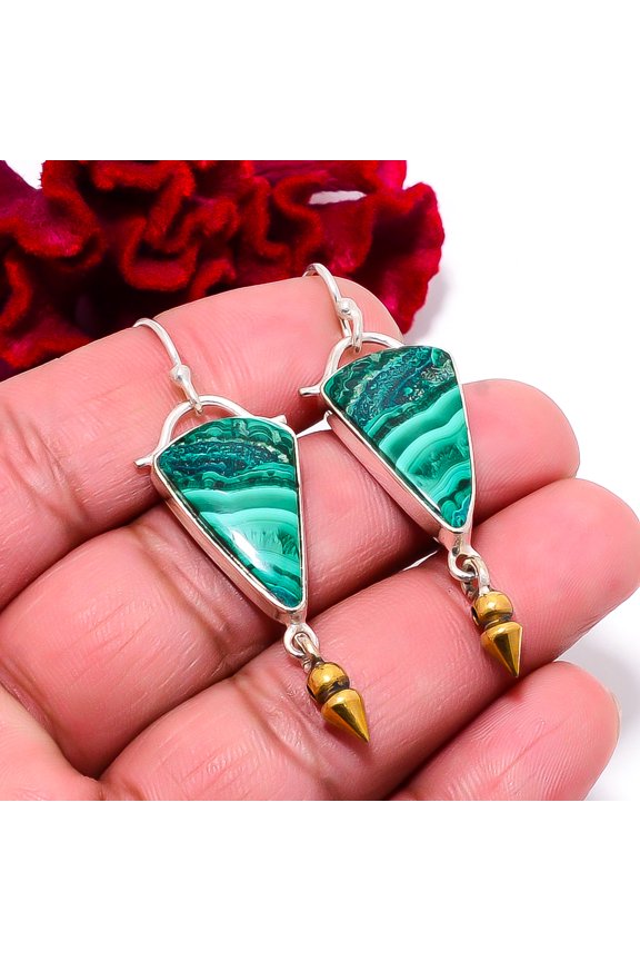 Malachite - Congo 925 Sterling Silver Two Tone Arrow Head Earring 2.07" E94915, Christmas Gift