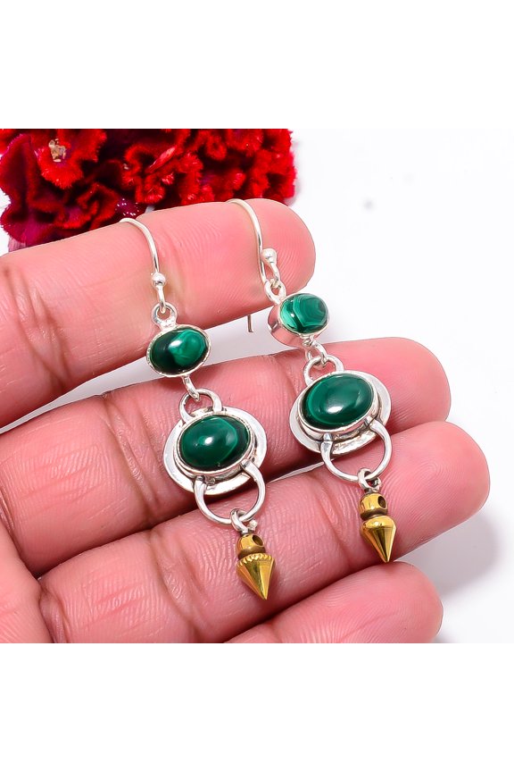 Malachite - Congo 925 Sterling Silver Two Tone Arrow Head Earring 2.34" E102845, Christmas Gift
