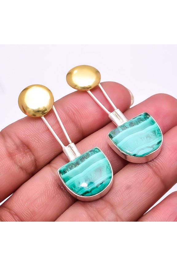 Malachite - Congo 925 Sterling Silver Two Tone Earring 1.76" E53