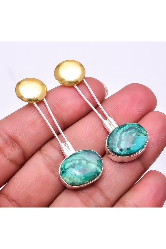 Malachite - Congo 925 Sterling Silver Two Tone Earring 1.87" E36