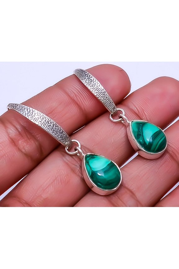 Malachite - Congo Designer Handmade 925 Sterling Silver Earring 1.76" E934812225, Beautiful Jewelry For Woman, New Year Sale, Valentin's Day Gift