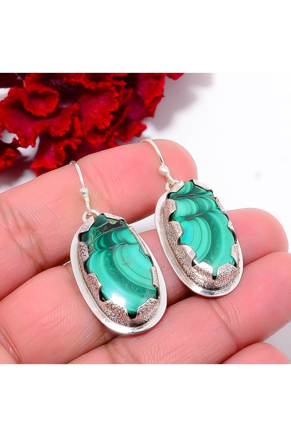 Malachite - Congo Designer Handmade 925 Sterling Silver Earring 1.72" E103823, Christmas Gift