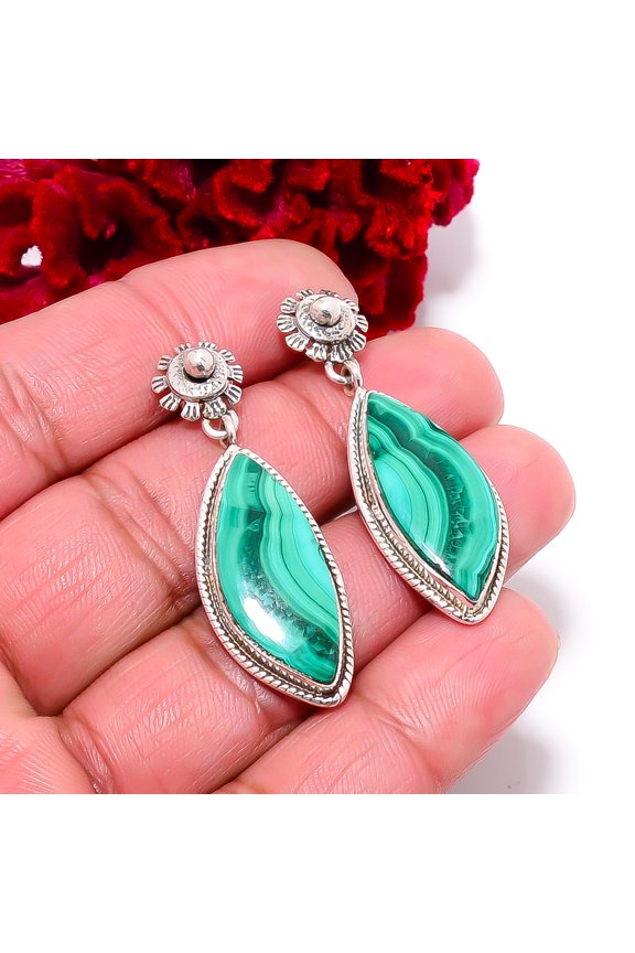 Malachite - Congo Designer Handmade 925 Sterling Silver Earring 1.76" E9899, Christmas Gift