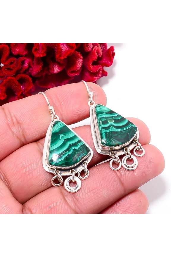 Malachite - Congo Designer Handmade 925 Sterling Silver Earring 1.83" E100247, Handmade Jewelry, Dangle Earring