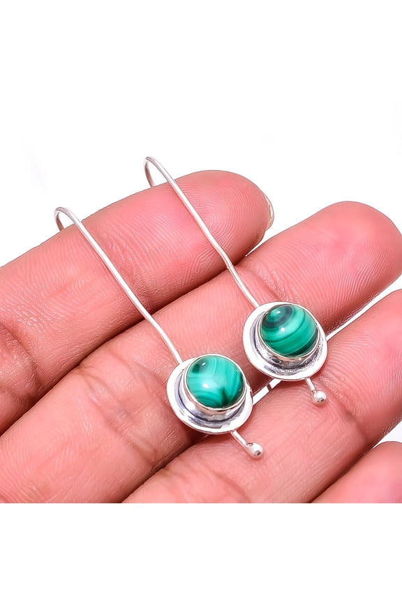 Malachite - Congo Designer Handmade 925 Sterling Silver Earring 1.95" E926723124, Beautiful Jewelry For Woman, New Year Sale, Valentin's Day Gift