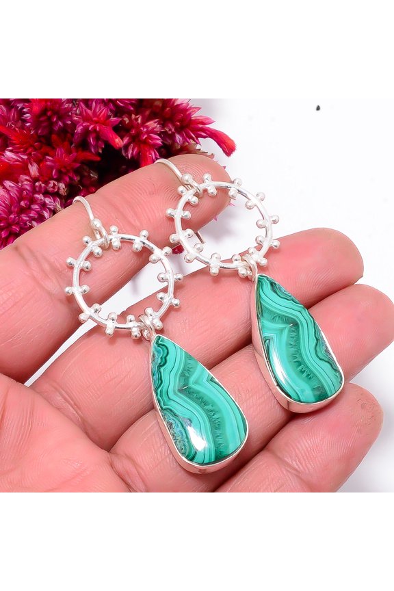 Malachite - Congo Designer Handmade 925 Sterling Silver Earring 2.50" Sku11, Handmade Jewelry, Dangle Earring