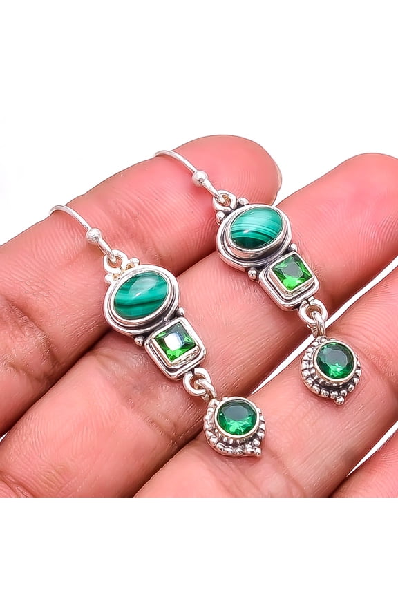 Malachite - Congo & Emerald 925 Sterling Silver Bali Earring 1.76" E_9278_187_36, Beautiful Jewelry For Woman, New Year Sale, Valentin's Day Gift