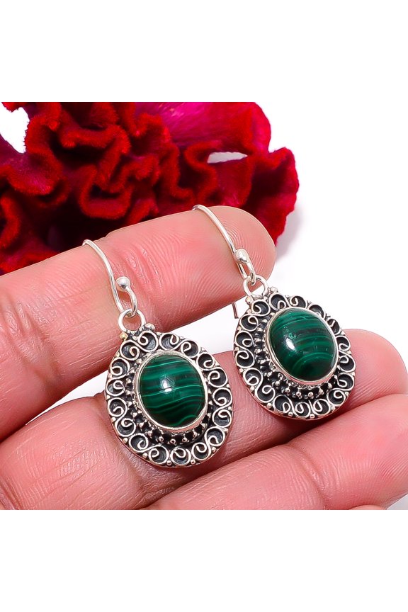 Malachite - Congo Fine Art Oxidised 925 Sterling Silver Earring 1.56" E99115, Christmas Gift
