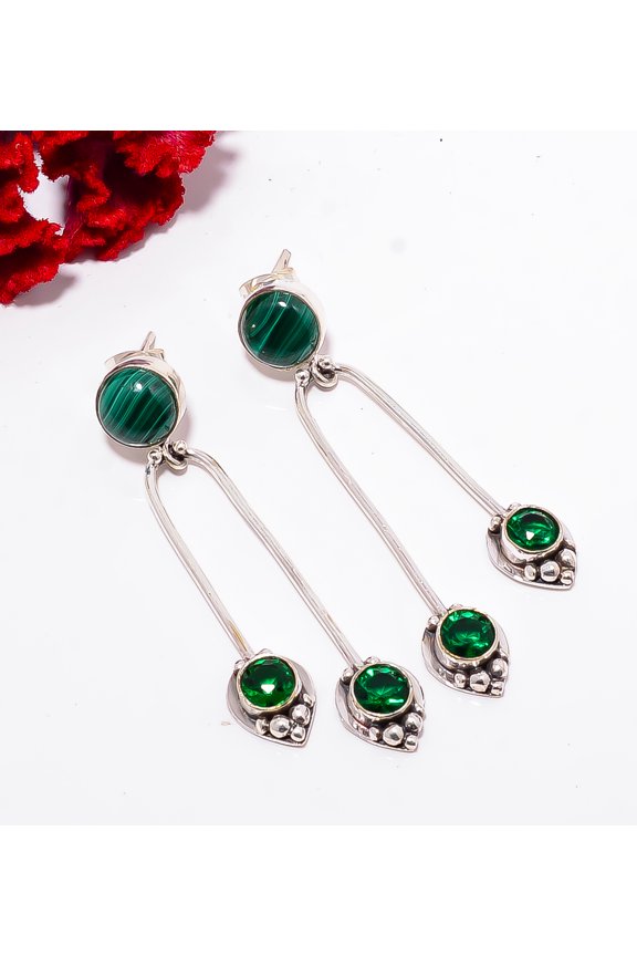 Malachite - Congo Gemstone 925 Sterling Silver Earring 2.34" E102914, Christmas Gift