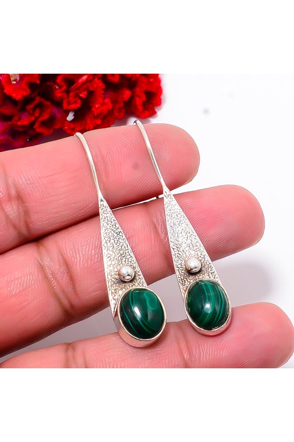Malachite - Congo Gemstone 925 Sterling Silver Handmade Earring 1.91" E103552, Christmas Gift