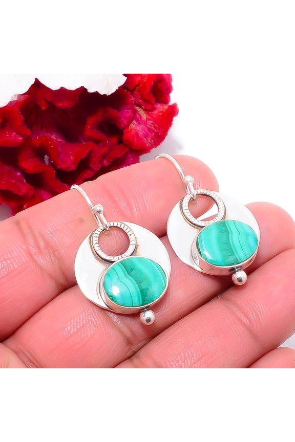Malachite - Congo Handmade 925 Sterling Silver Earring 1.37 Sk13, Christmas Gift, Handmade Jewelry, Dangle Earring