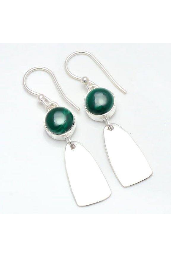 Malachite - Congo Handmade 925 Sterling Silver Earring 1.76" W2489, Handmade Jewelry, Dangle Earring