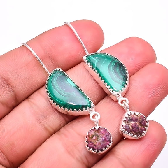 Malachite - Congo & Rough Ruby 925 Sterling Silver Earring 2.11" E30, New Year Sale, Valentin's Day Gift