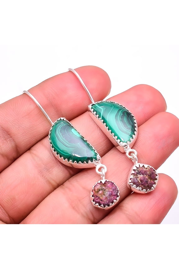 Malachite - Congo & Rough Ruby 925 Sterling Silver Earring 2.11" E30, New Year Sale, Valentin's Day Gift