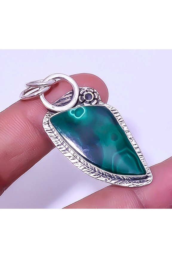 Malachite - Congo Sand Paper Textured 925 Sterling Silver Pendant 1.95" A338, Christmas Gift, Gemstone Silver Jewelry, Malachite Pendant, New Year Sal