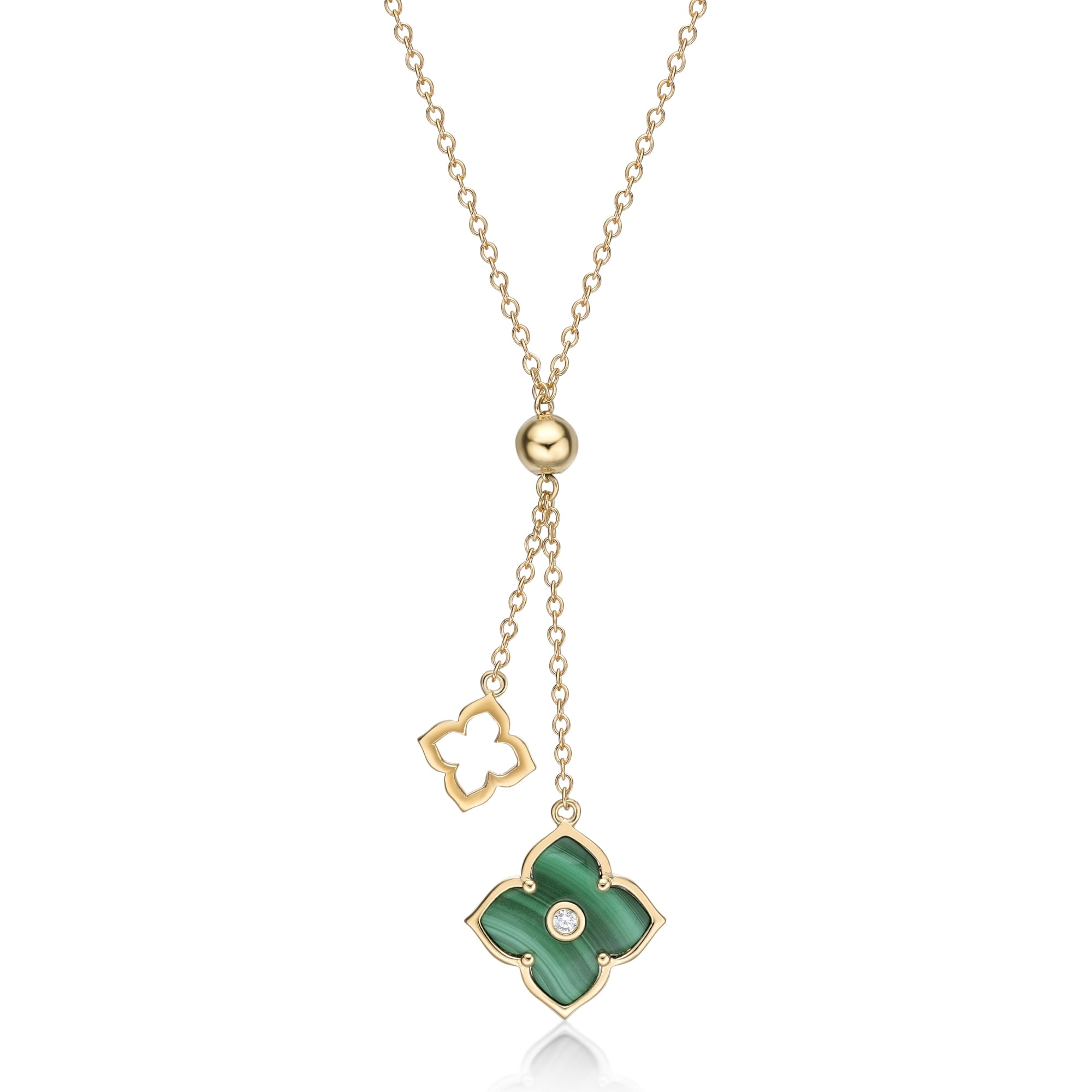 Malachite and Cubic Zirconia Double Flower Pendant Necklace for Women in 925 Sterling Silver with Yellow Gold Plating 16 to 18 Inches Adjustable Spring Ring by Lavari Jewelers