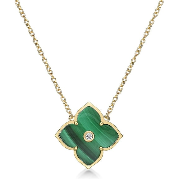 Malachite and Cubic Zirconia Flower Pendant Necklace for Women in 925 Sterling Silver with Yellow Gold Plating on 18 Inch Chain with Spring Ring by Lavari Jewelers