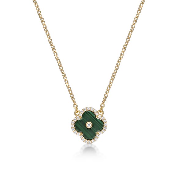 Malachite Cubic Zirconia Flower Pendant Necklace for Women in Yellow Sterling Silver 16-18 Inches by Lavari Jewelers