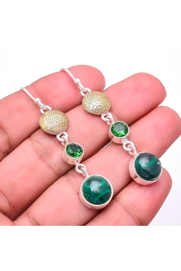 Malachite, Emerald 925 Sterling Silver Two Tone Earring 2.15" E31, New Year Sale, Valentin's Day Gift
