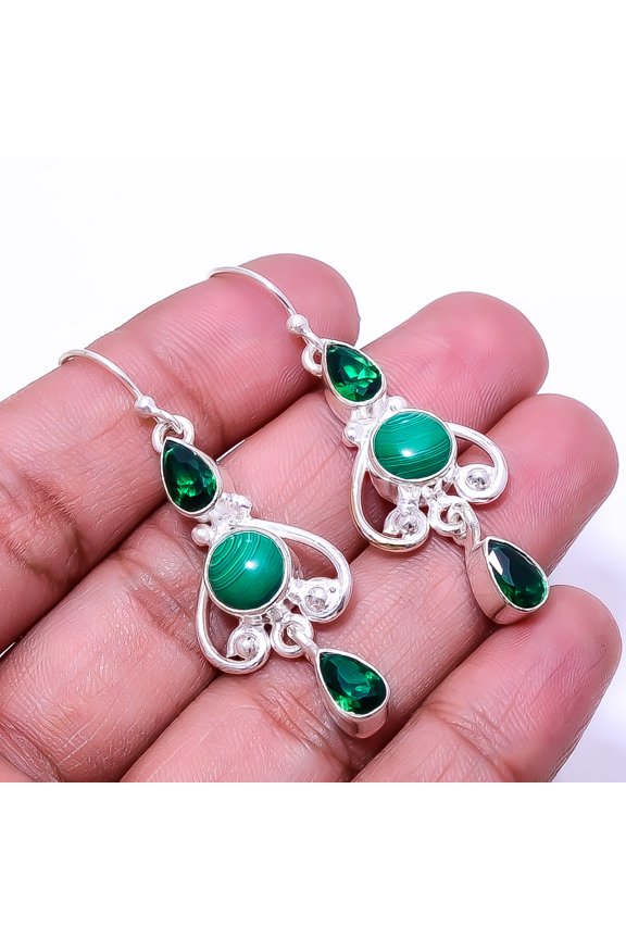 Malachite & Emerald Multi Collet 925 Silver Plated Earring 1.95", Green Malachite Earring E_8006_361_14