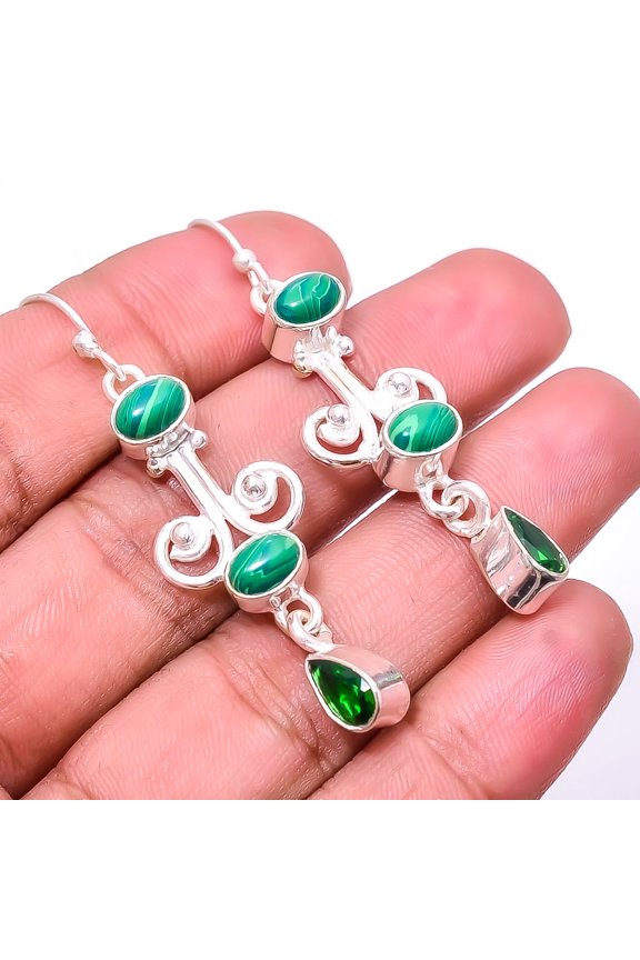 Malachite & Emerald Multi Collet 925 Silver Plated Earring 2.15", Green Malachite Earring E_8043_358_28
