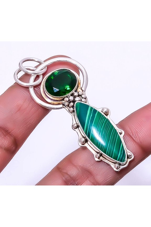 Malachite & Emerald Quartz 925 Sterling Silver Pendant 2.15" A392, Christmas Gift, Gemstone Silver Jewelry, Malachite Pendant, New Year Sale