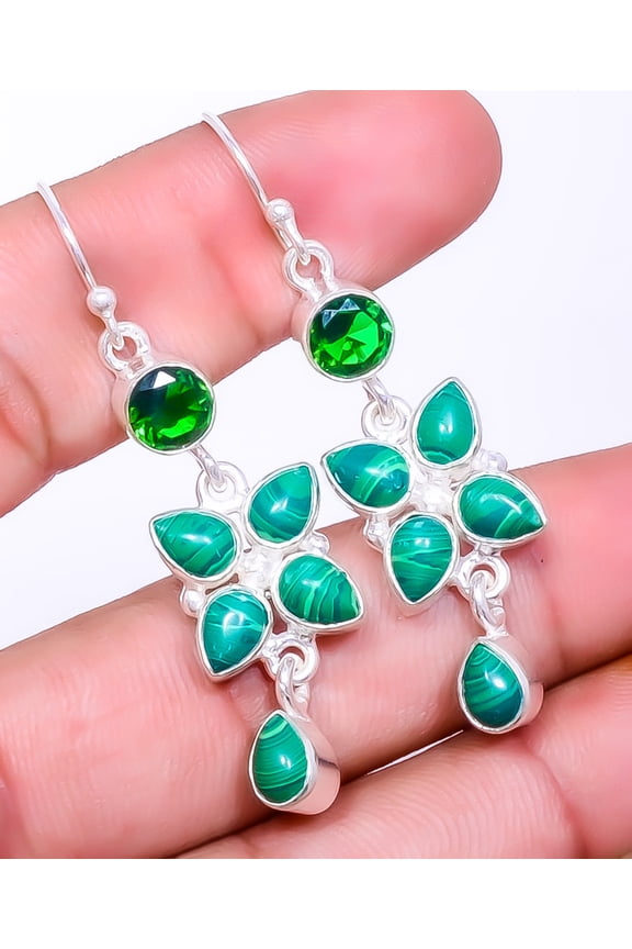 Malachite & Emerald (Simulated) 925 Sterling Silver Earring 2.15" A326, Handmade Jewelry, Dangle Earring