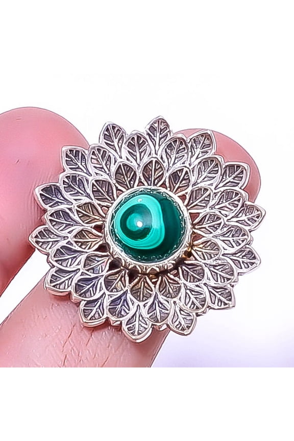 Malachite - Eye Gemstone 925 Sterling Silver Handmade Bali Flower Ring s.7 A369, Beautiful Jewelry For Woman, New Year Sale, Valentin's Day Gift