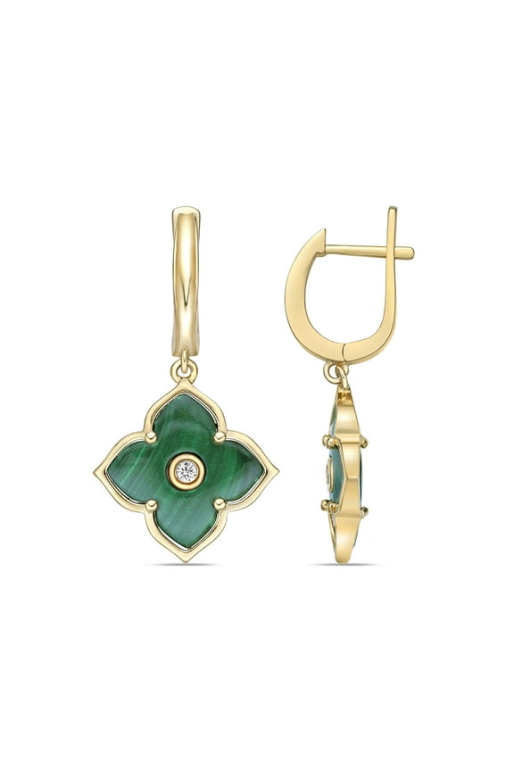 Malachite Flower Dangle Drop Earrings for Women with Cubic Zirconia in 925 Sterling Silver with Yellow Gold Plating Hinged Back by Lavari Jewelers