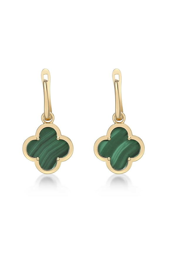 Malachite Flower Drop Earrings for Women in 925 Sterling Silver with Yellow Gold Plating Hinge Post by Lavari Jewelers