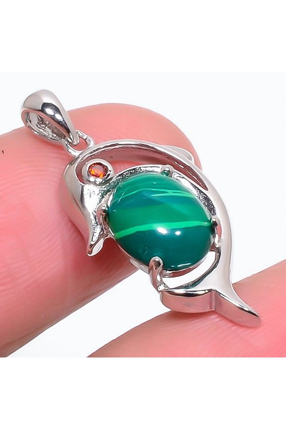 Malachite & Garnet Sterling Silver Dolphin Pendant 1.18" S1073, Malachite Pendant, Christmas Gift, New Year Sale, Gemstone Silver Jewelry