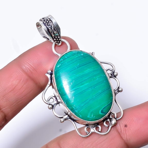 Malachite Gemstone 925 Sterling Silver Handmade Pendant 1.95" P55
