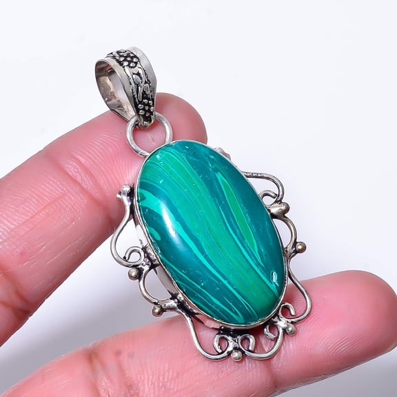 Malachite Gemstone 925 Sterling Silver Handmade Pendant 2.11" P48