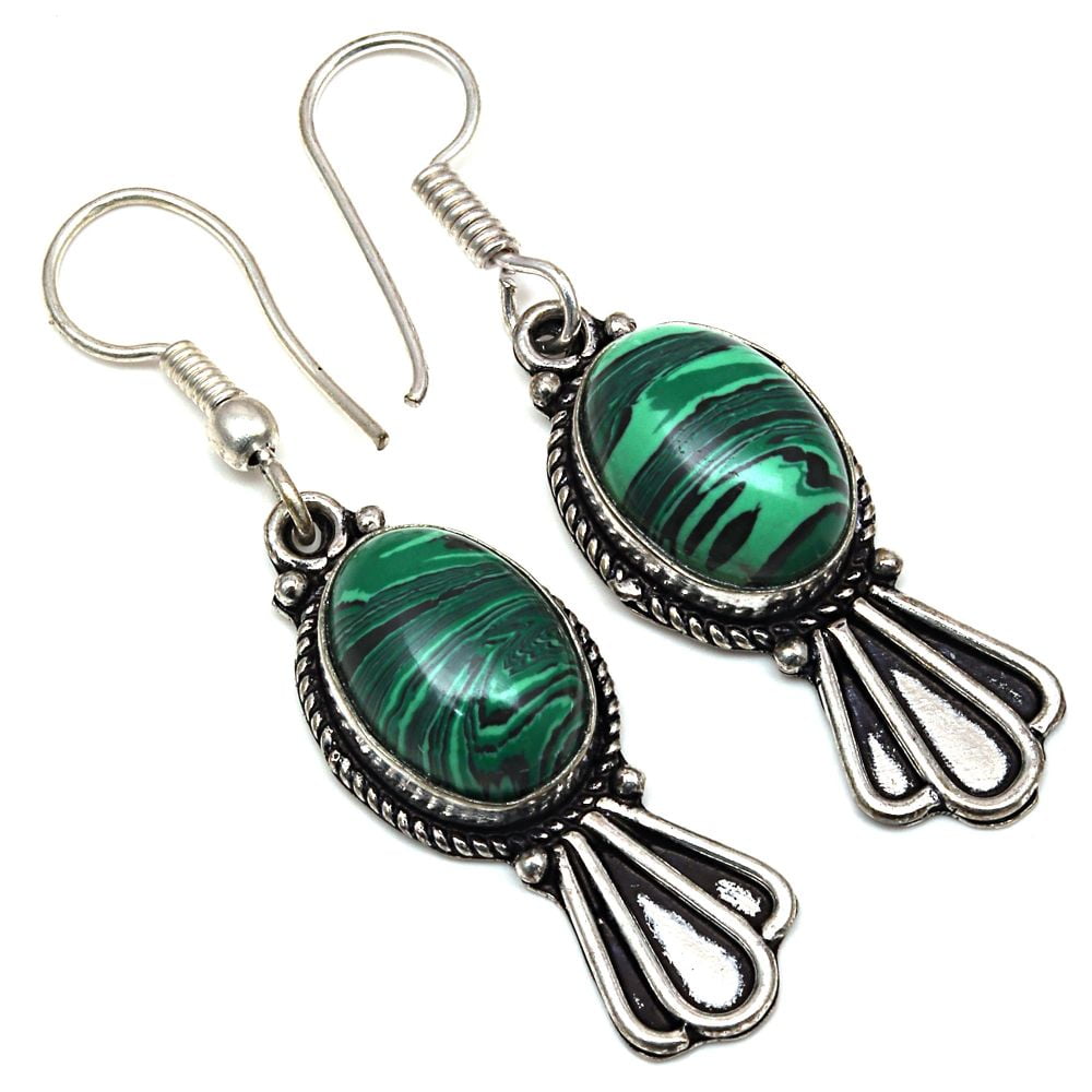 FASHION AVENUE Malachite Gemstone Handmade Gift For Her 925 Silver Jewelry Earrings 1.5''