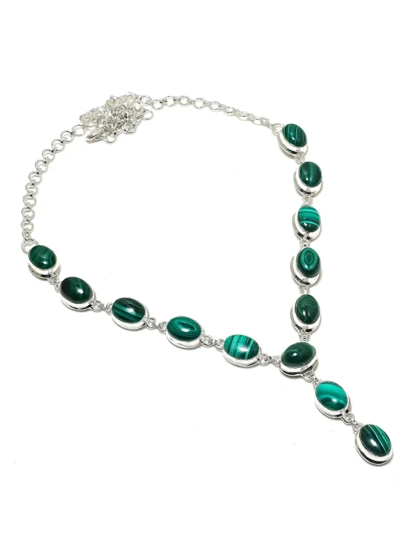 Malachite Gemstone Necklace Handmade Beautiful Necklace Natural Oval Cabochon Green Malachite 925 Sterling Silver Plated Jewelry 22 Inch Adjustable Necklace