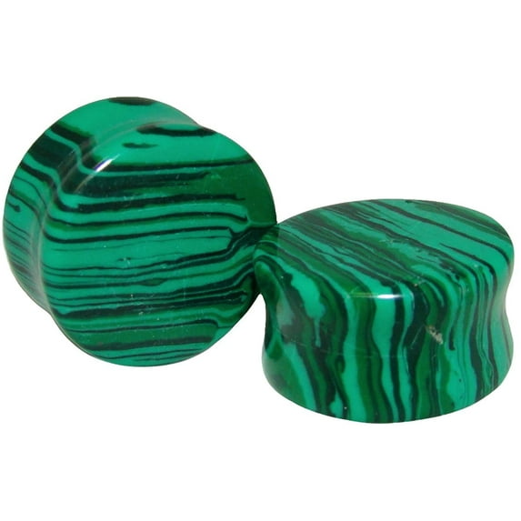 Malachite Green Line Agate Stone Organic Double-Sided Flare Gauges/Plugs/Tunnels 5/8" (16mm) 2 Piece (1 Pair) (B/5/1/5)